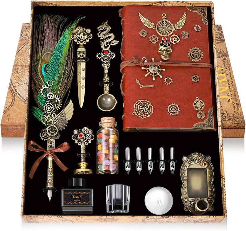 AIYNC Quill Pen and Ink Set, With Notebook Wax Seal Stamp Kit, Calligraphy Set for Writing Lovers, Valentine's Day and Birthday Gifts, Ideal for Holidays(Peacock Feather) - Image 1